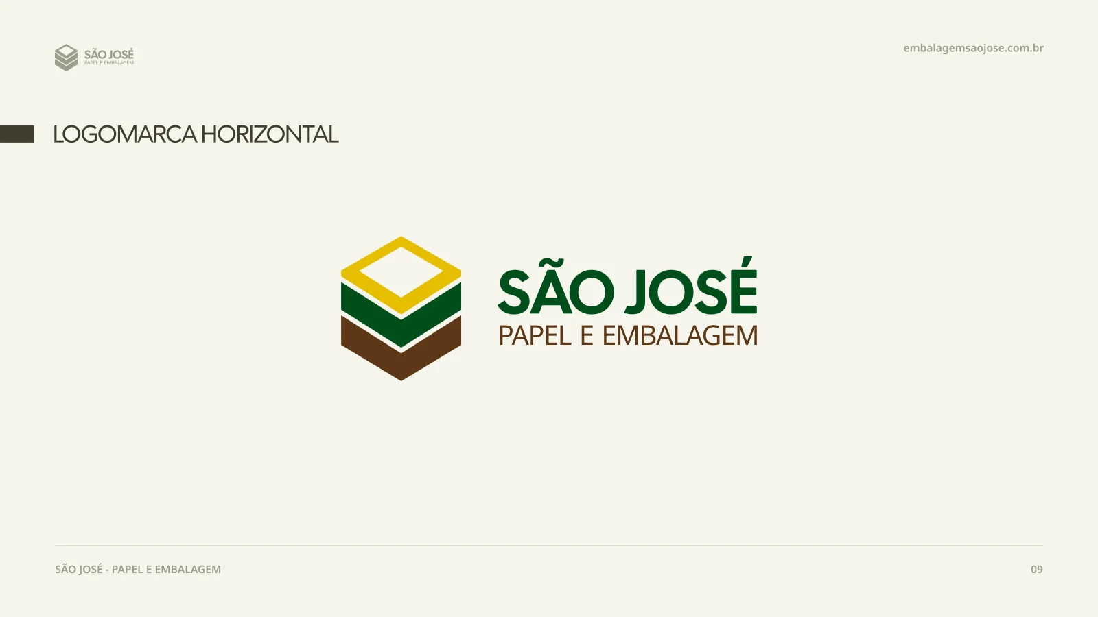 Logomarca São José criada pela SAITOHUB, com símbolo de caixa em verde, amarelo e marrom